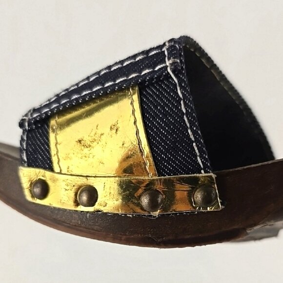 Faith Women's Gold Denim Slip On Upper Buckle Strap Mule Sandal Sole Size 6 - Picture 9 of 16